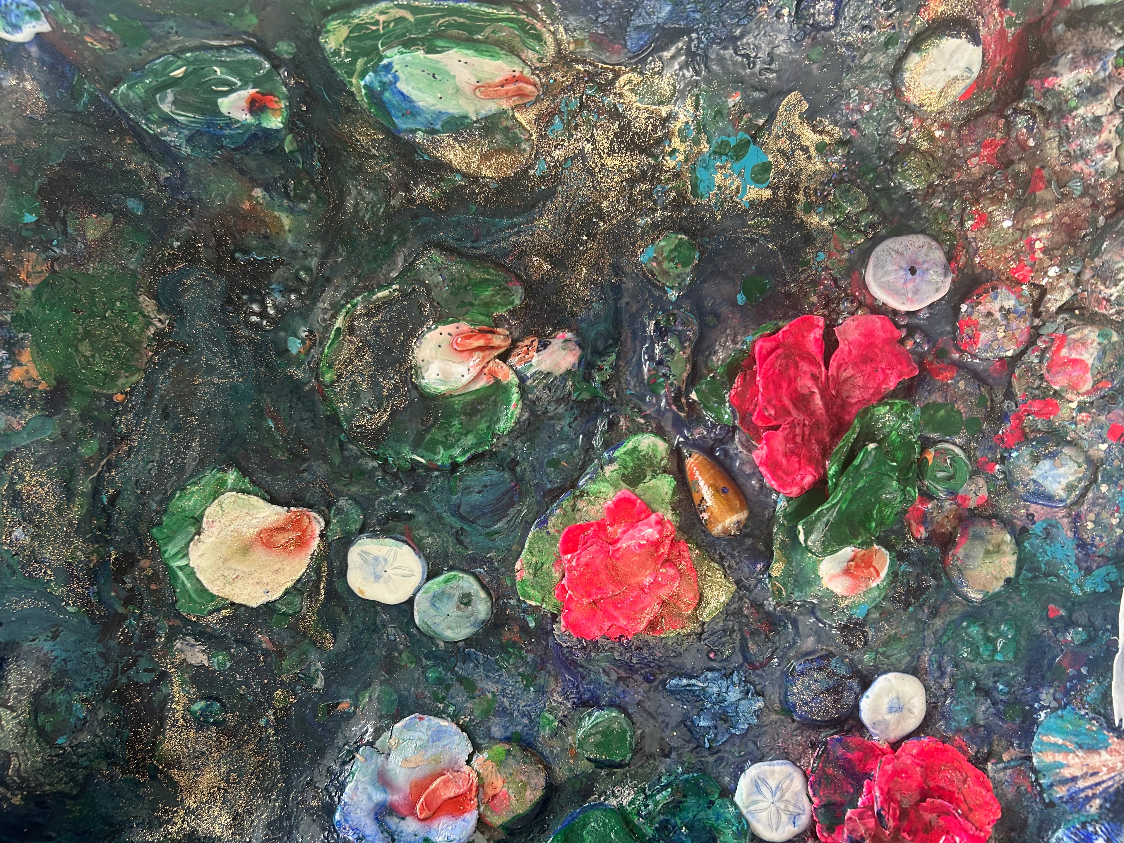 Mixed media. Acrylic and clay “Water Lillies at Dawn”