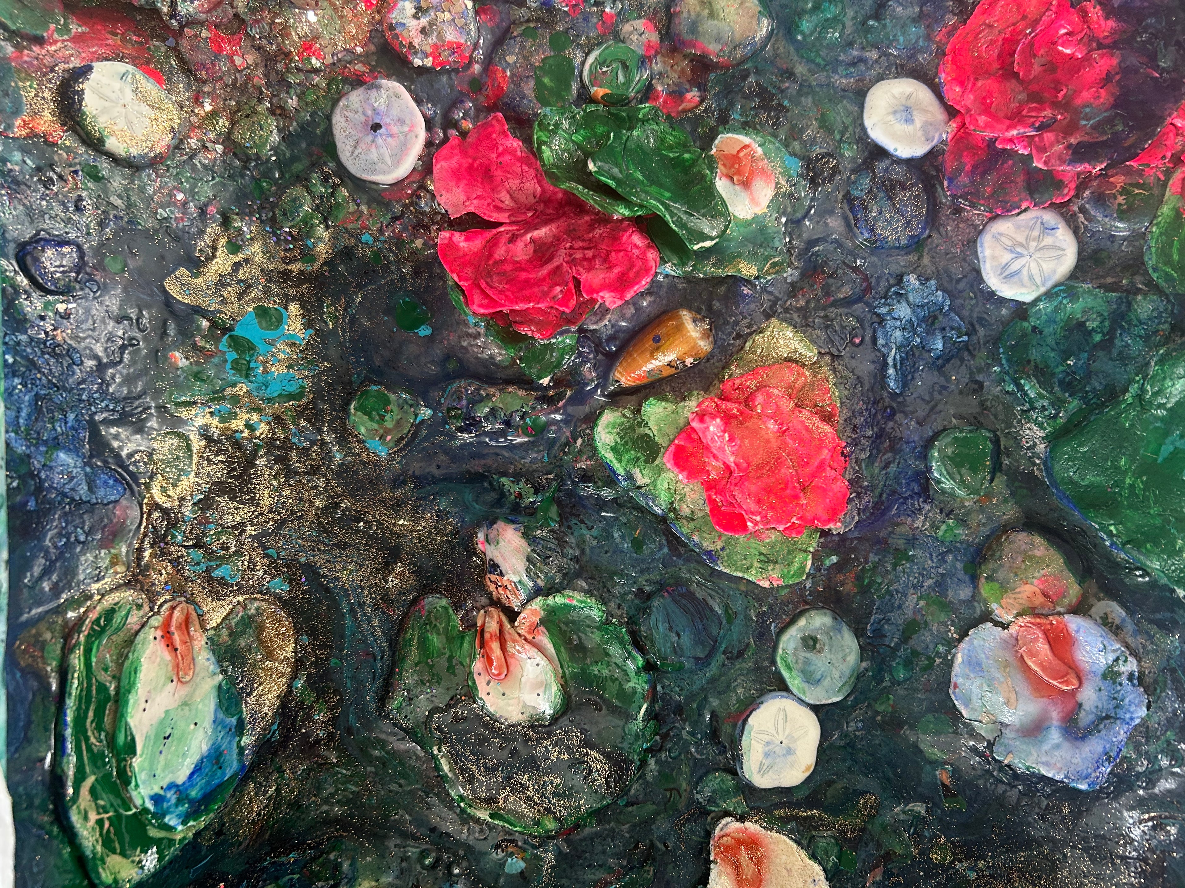 Mixed media. Acrylic and clay “Water Lillies at Dawn”