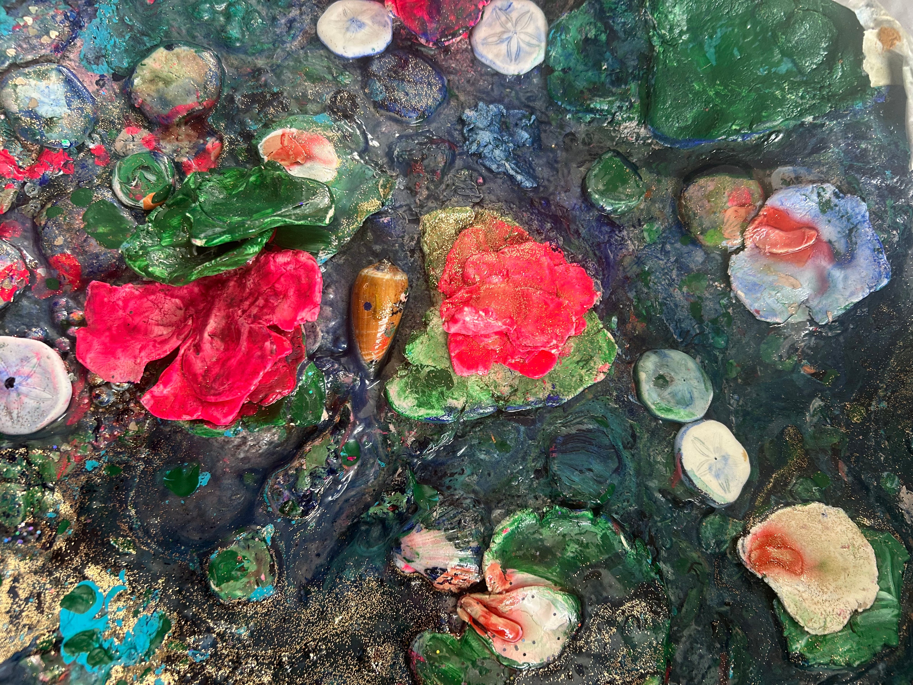 Mixed media. Acrylic and clay “Water Lillies at Dawn”